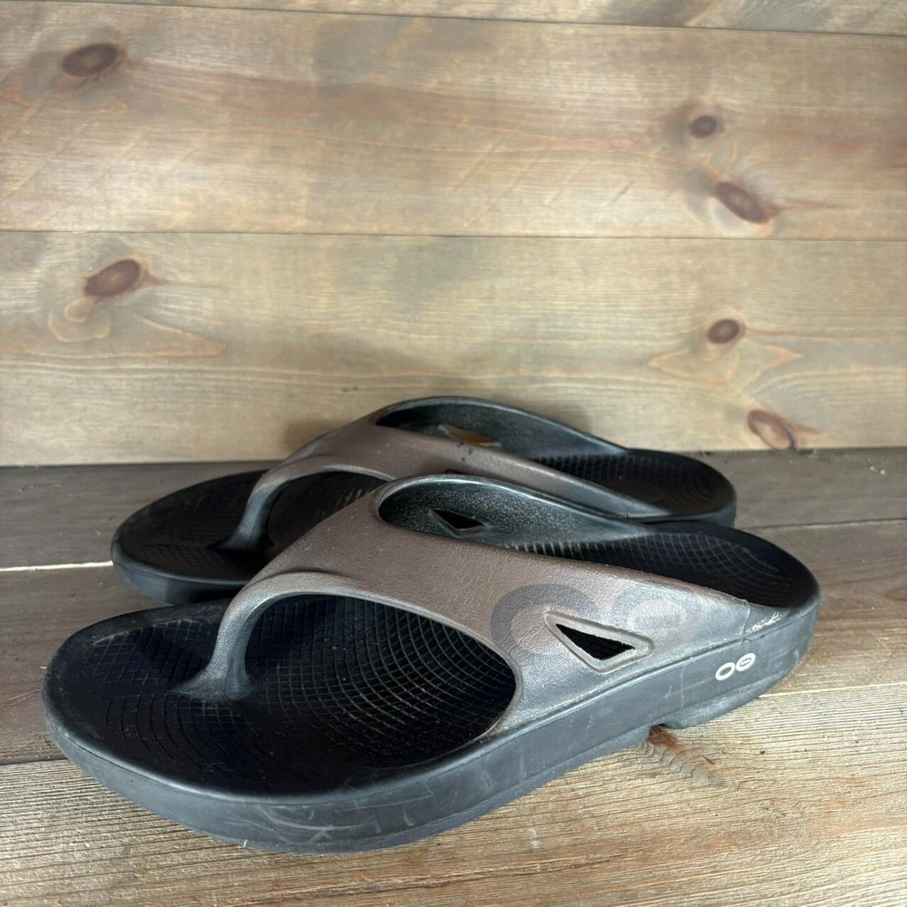 oofos ooriginal mens size 10 shoes brown black slip on thong comfort sandals